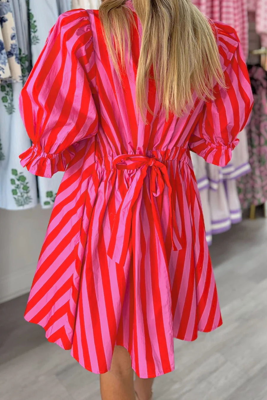Red Stripe Puff Sleeve Mini Dress Women UK — side view | Fashionfitz UK