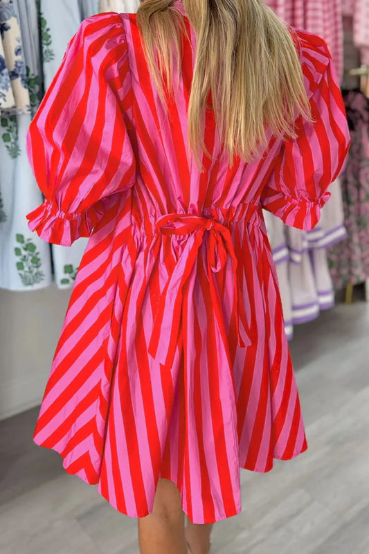 Red horizontal stripe puff sleeve mini dress showing half-button placket and loose shift silhouette, side view, Fashionfitz