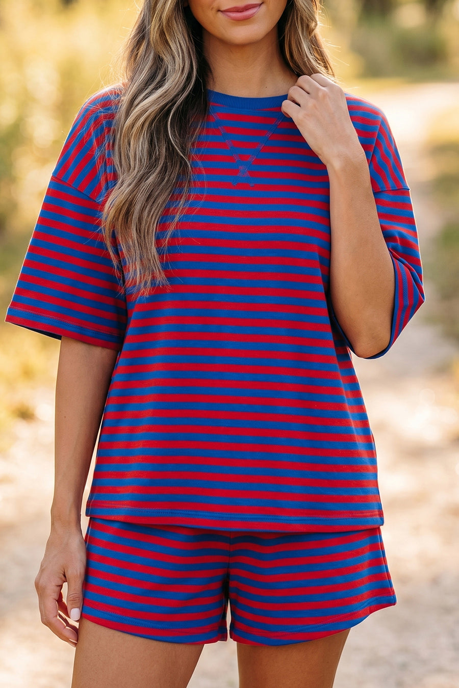 Ribbed Stripe Cotton Tee & Shorts Set Women UK