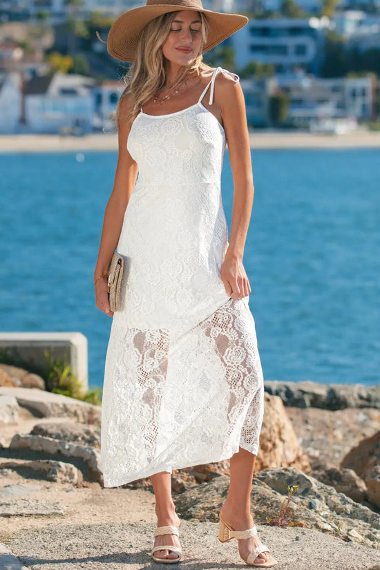White Lace Overlay Spaghetti Strap Maxi Dress