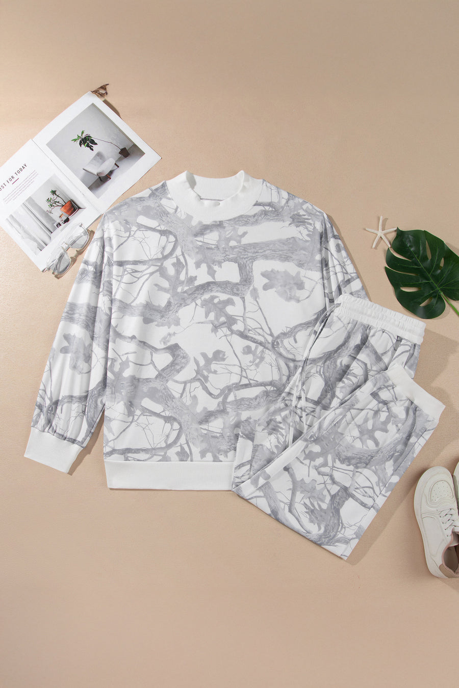 Camouflage Print Stand Neck Long Sleeve Plus Size Set Women UK