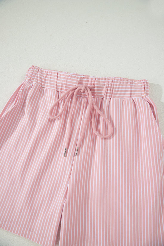 Striped Dolman Sleeve Polo Shirt and Drawstring Shorts Two Piece Set