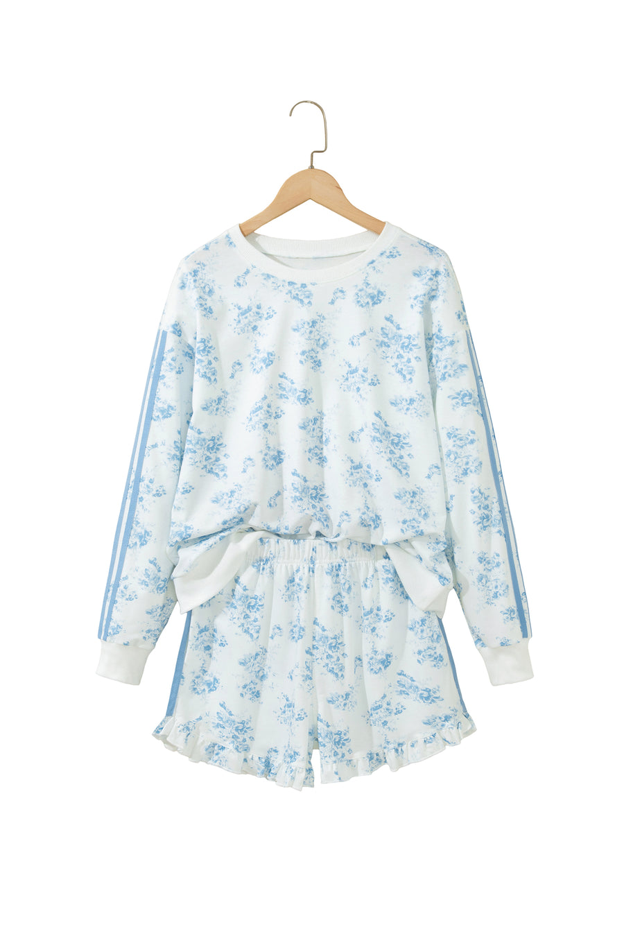 Floral Striped Long Sleeve Top and Shorts Two-Piece Set