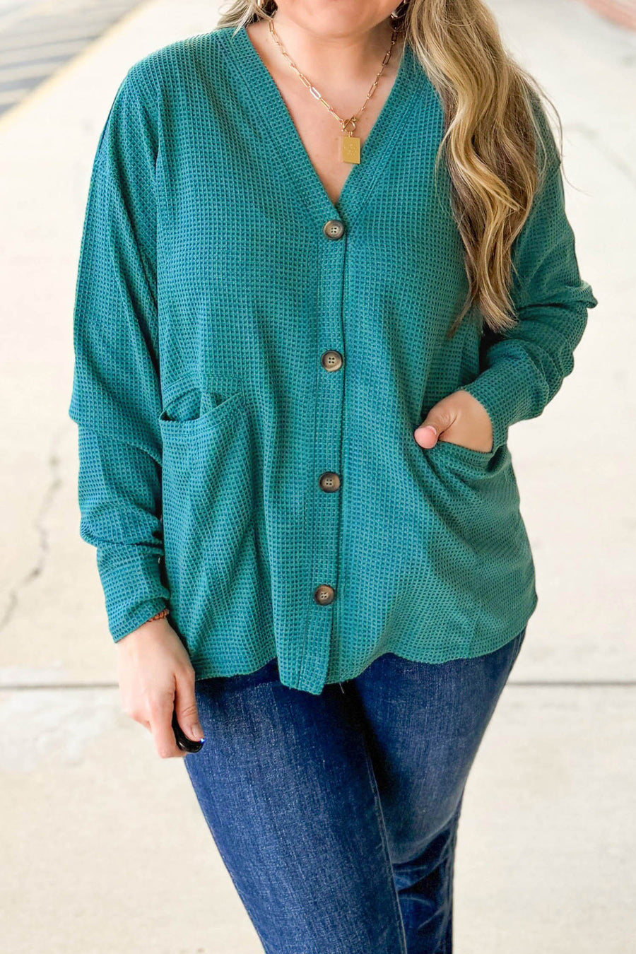 Plus Size Waffle Tunic V Neck Button Cardigan Women UK