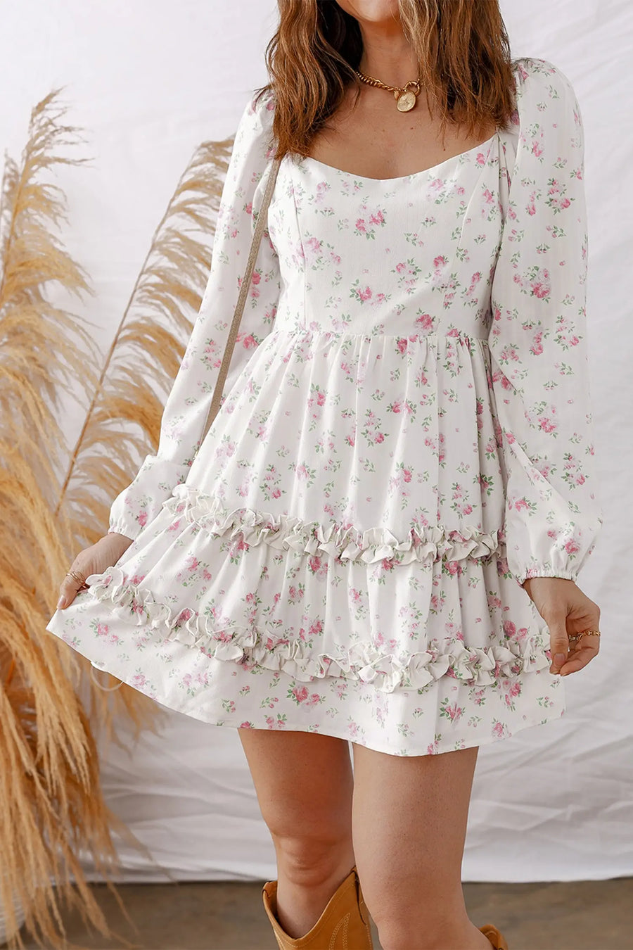 Pink Floral Long Sleeve Ruffle Detail Flared Mini Dress Women UK — lifestyle view