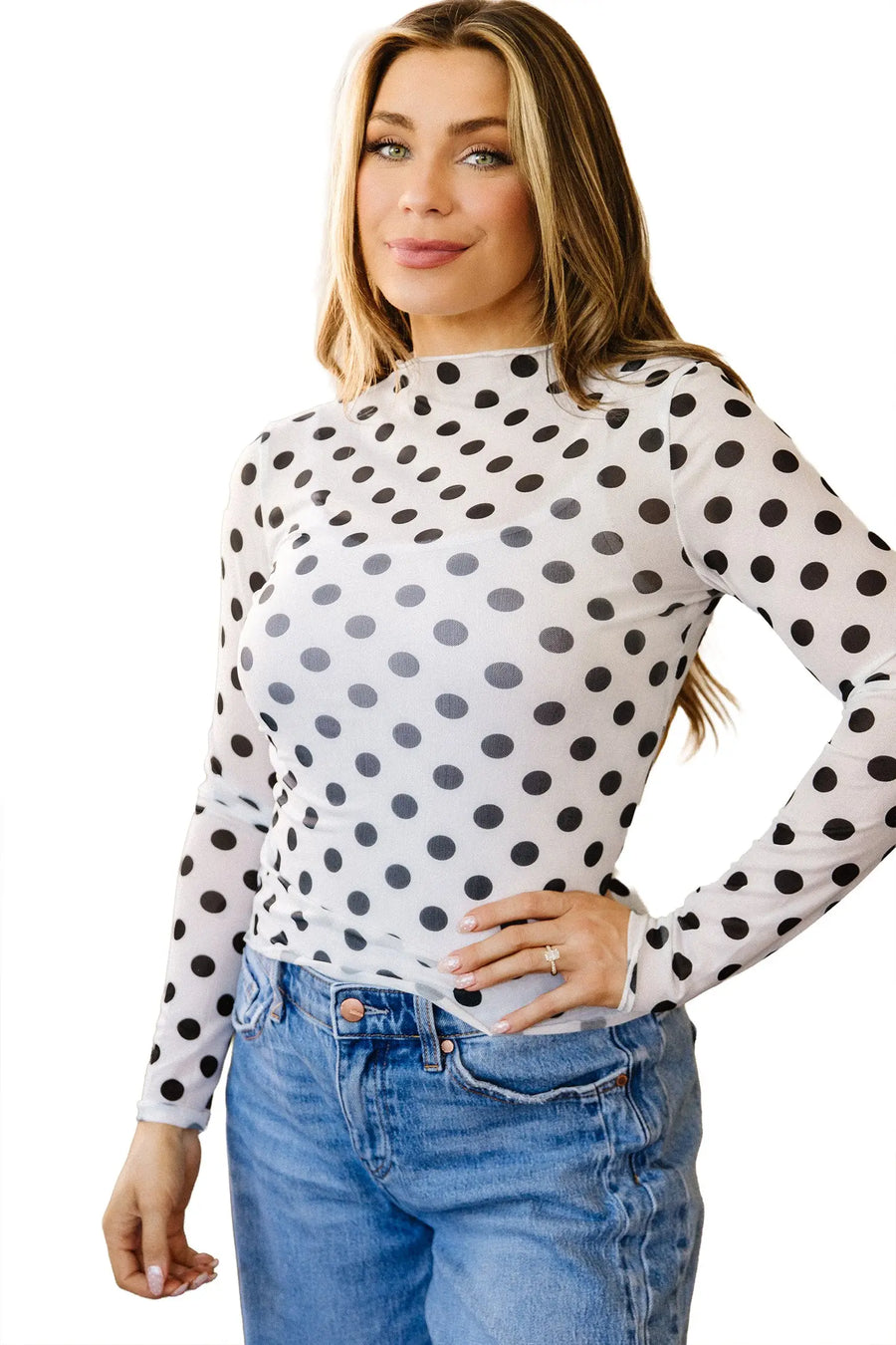 Polka Dot Sheer Long Sleeve Round Neck Top Women UK — close-up second option | Fashionfitz UK