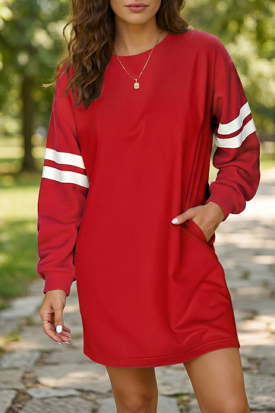 Varsity Contrast Banded Sleeve Sweatshirt Dress Mini Shift with Pockets — styled flat lay | Fashionfitz UK