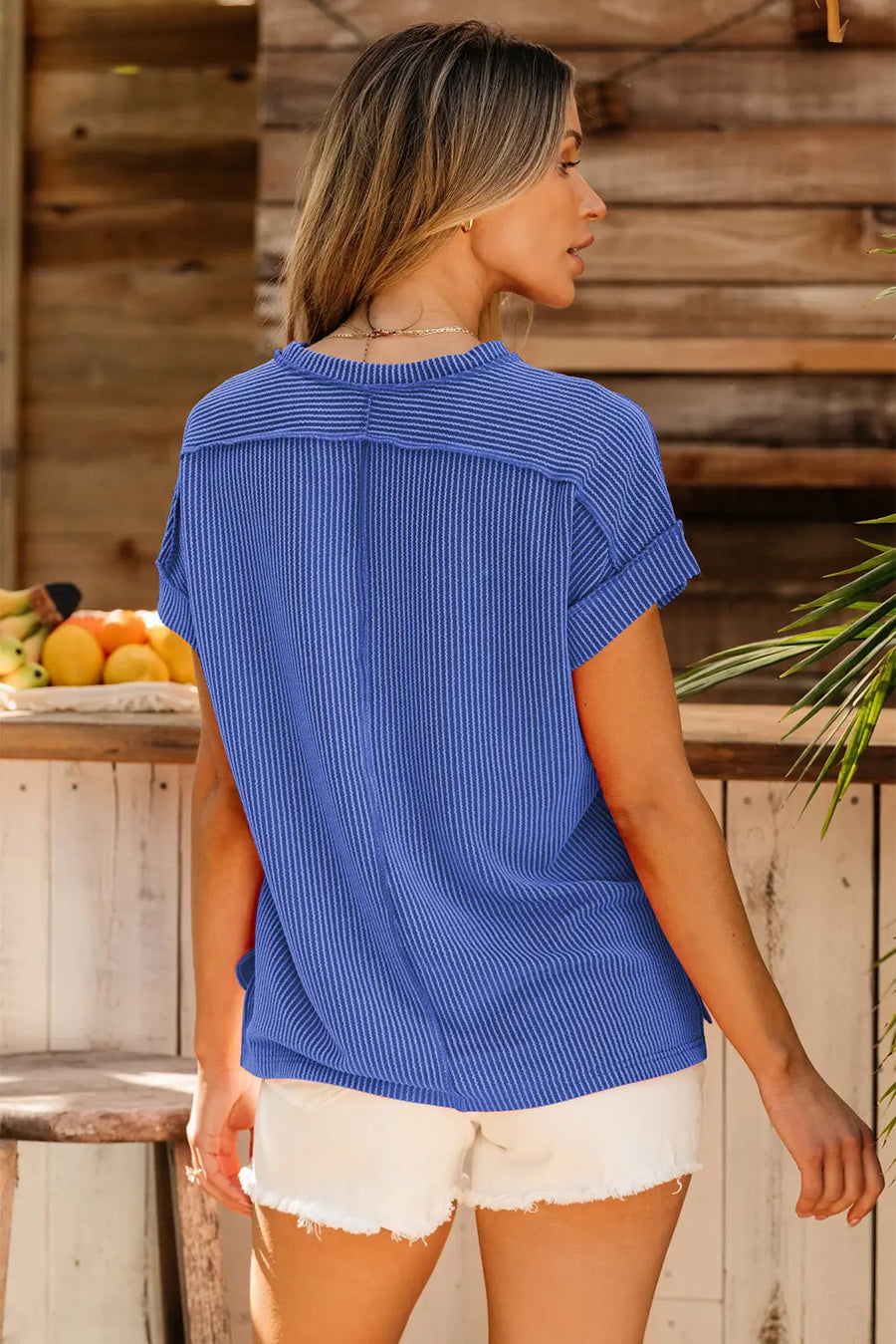 Bonbon Textured Knit Exposed Stitching T-shirt — styled outfit look | Fashionfitz UK