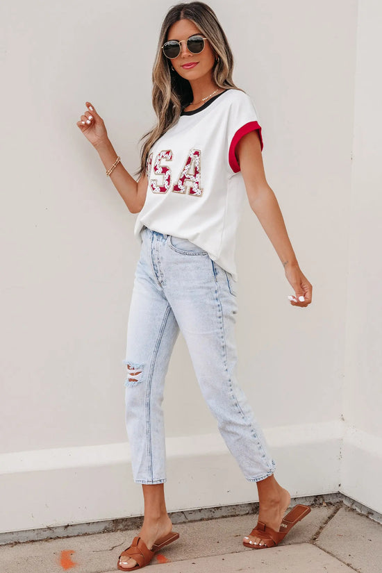 Women’s usa sequin colourblock letter print loose t-shirt t-shirts