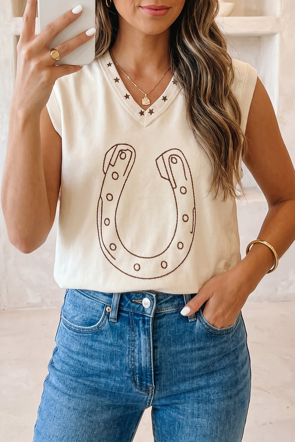 White horseshoe embroidered star trim V-neck loose tank top women UK — front view