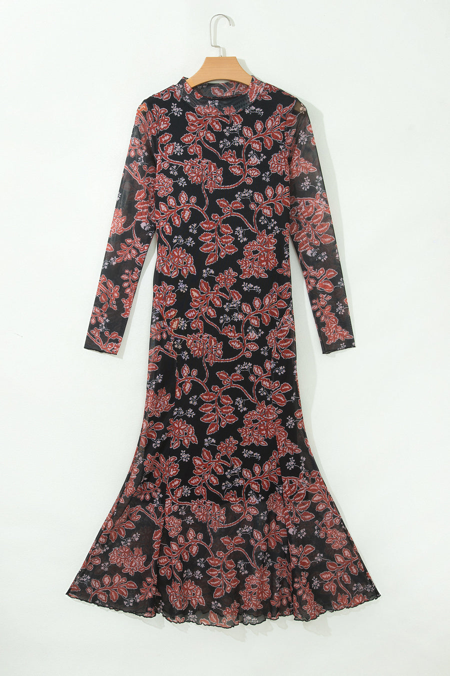 Retro Floral Print Long Sleeve Mesh Maxi Dress Women UK