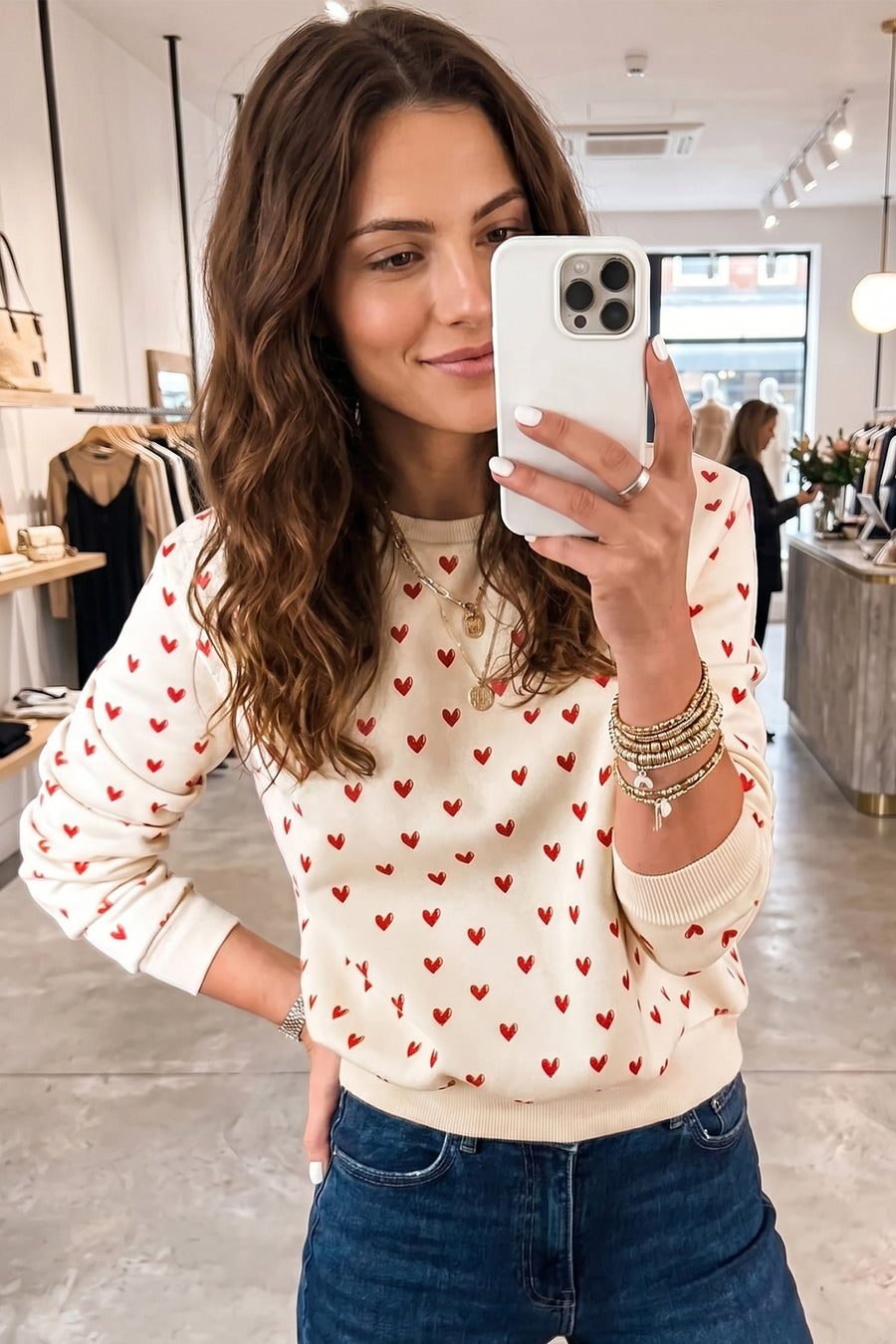 Heart Print Round Neck Long Sleeve Sweatshirt