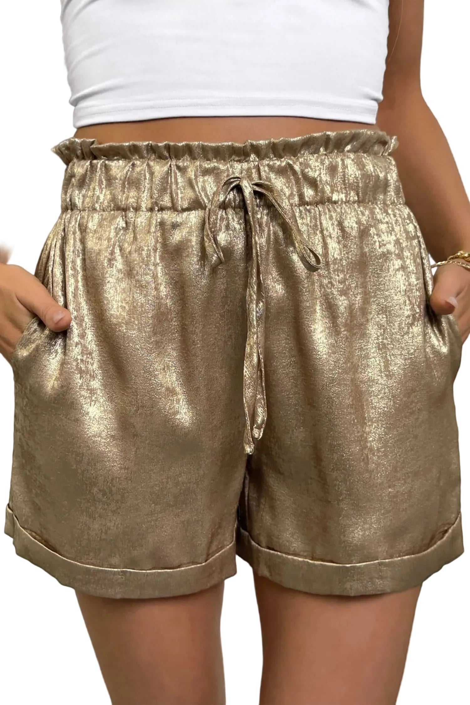 Gold Metallic Shorts Women with high waist and drawstring, featuring frilled waistband and cuffed hem, ideal for summer casual wear.