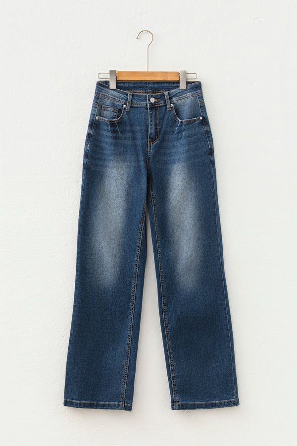 Acid Washed Straight Leg Full Length Jeans Women UK