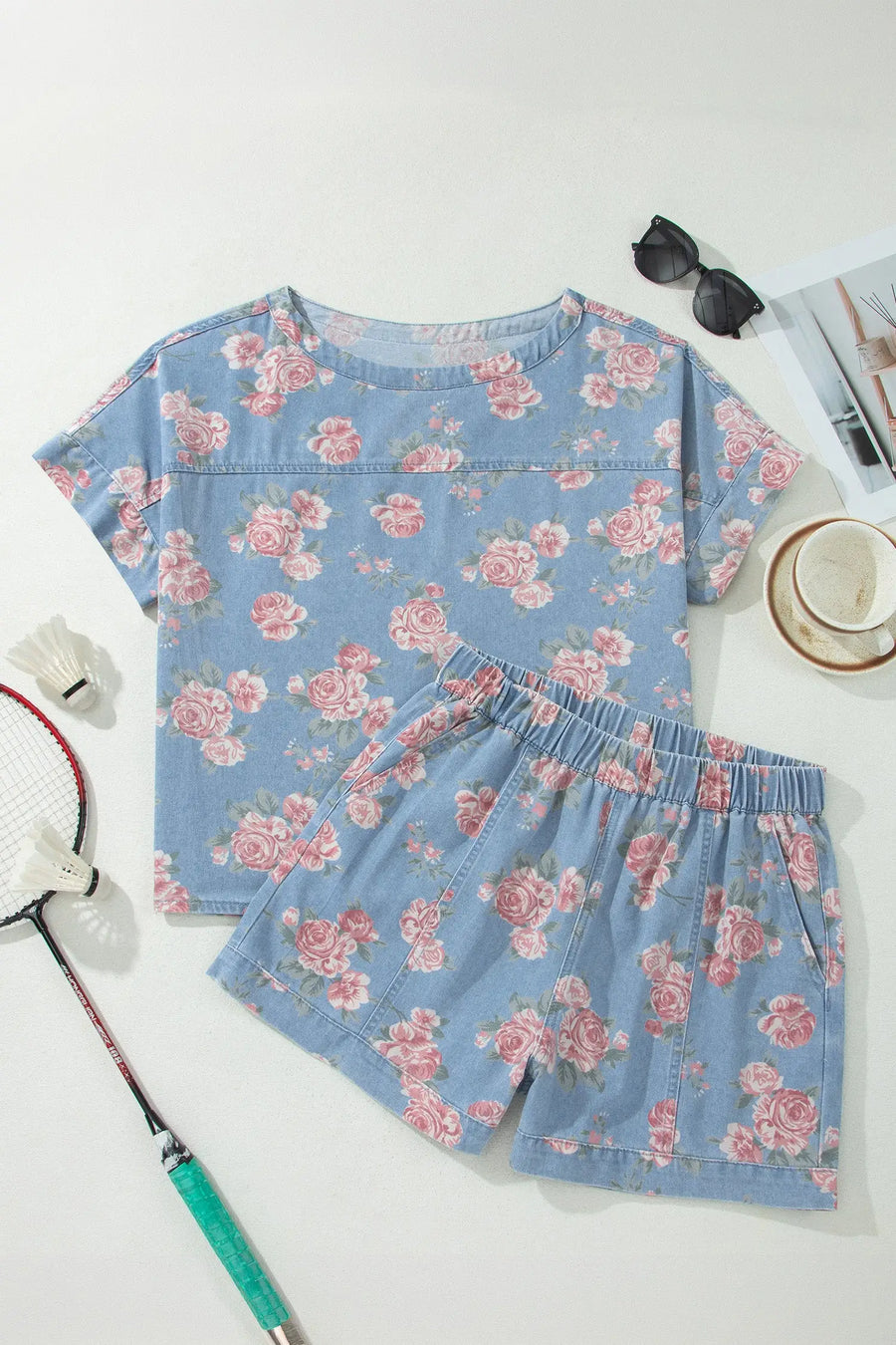 Floral Denim Short Sleeve Top and Shorts Set Women UK — full length view on model | Fashionfitz UK