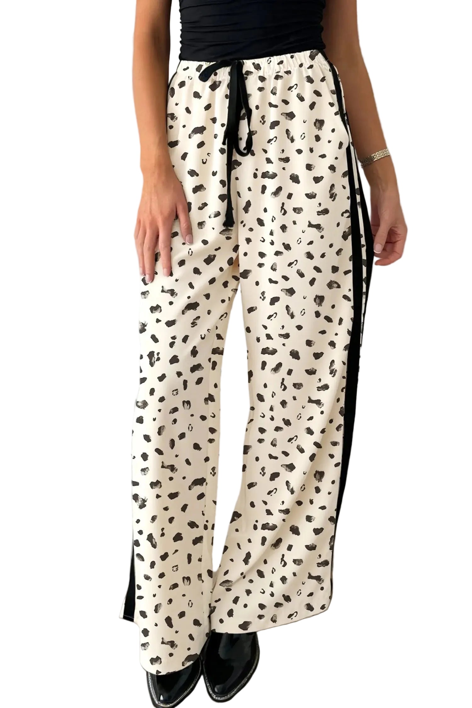 Beige leopard print side stripe detail loose drawstring pants