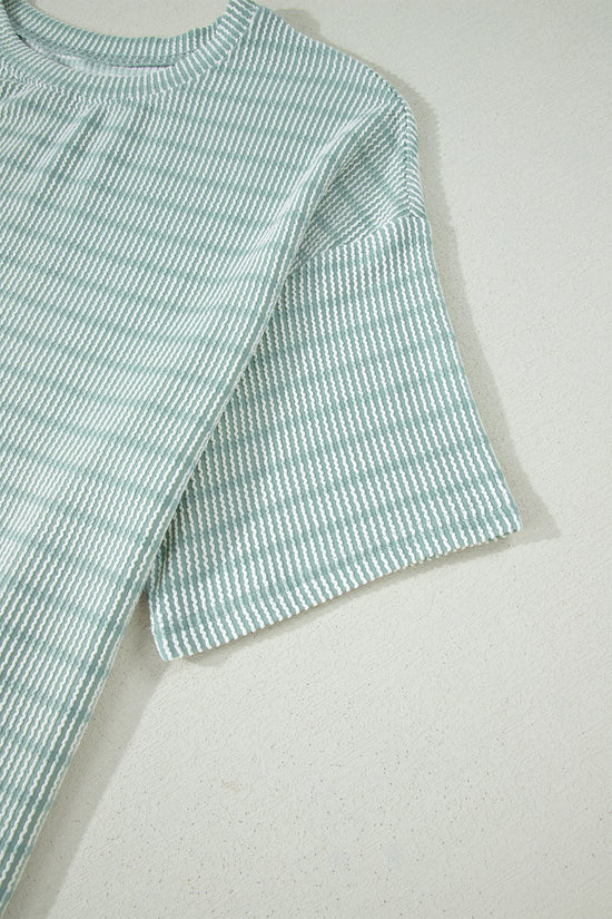 Stripe Raised Rib Loose Tee & Drawstring Elastic Waist Shorts Set