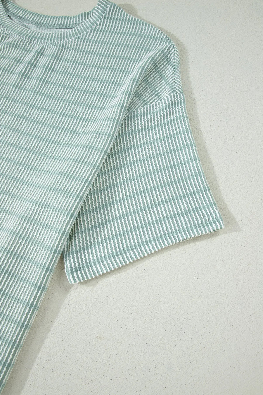 Stripe Raised Rib Loose Tee & Drawstring Elastic Waist Shorts Set
