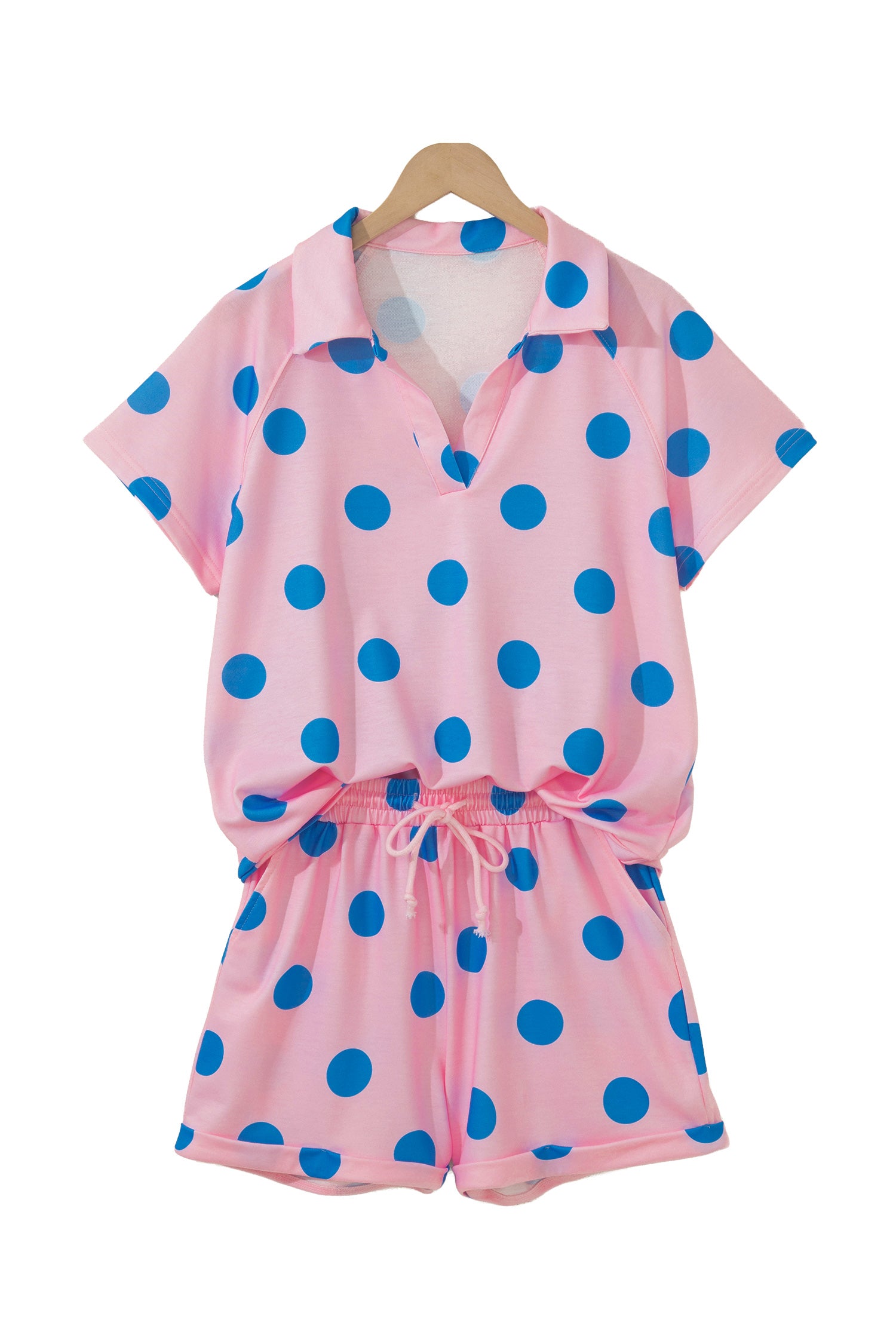 Polka Dot V Neck Short Sleeve Tee High Waist Drawstring Shorts Set