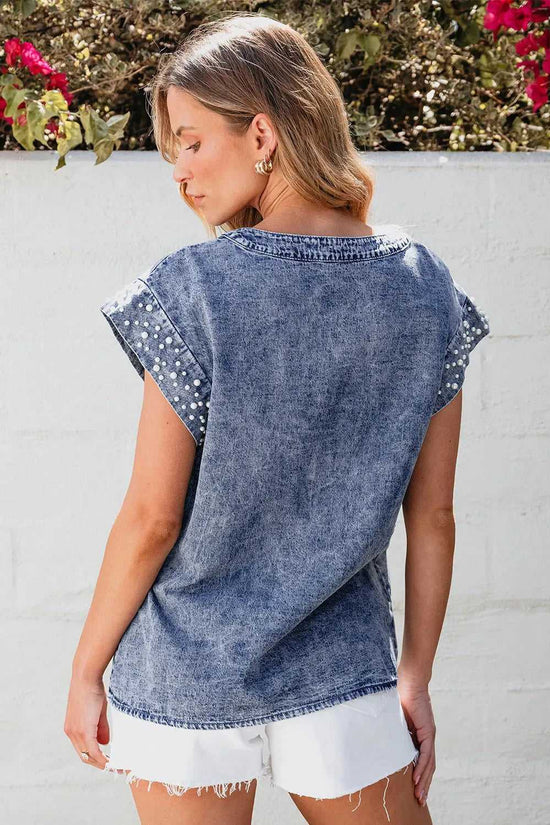 Denim Top - Dusk Blue Acid Wash Pearl Embellishments - Fashionfitz