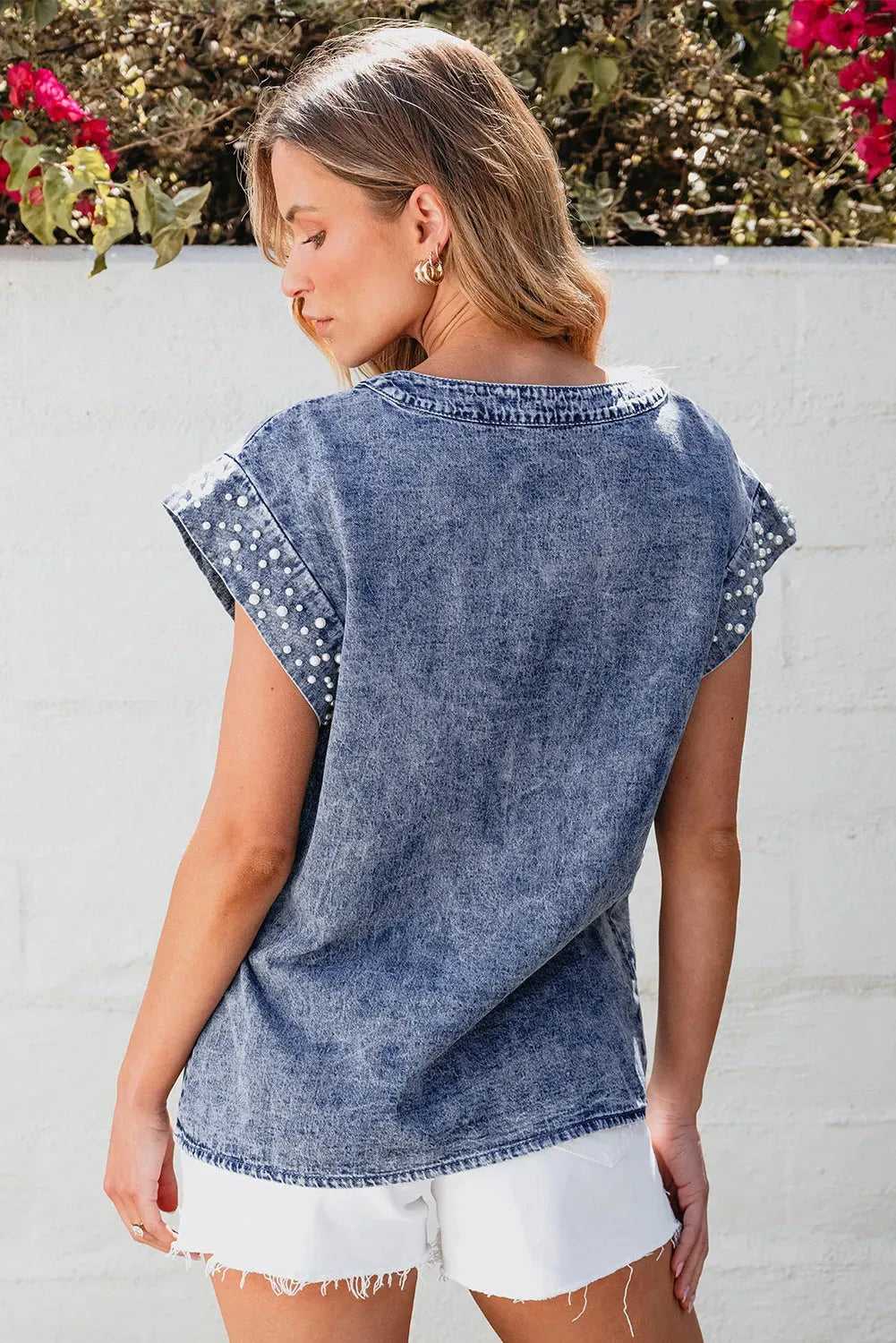 Denim Top - Dusk Blue Acid Wash Pearl Embellishments - Fashionfitz