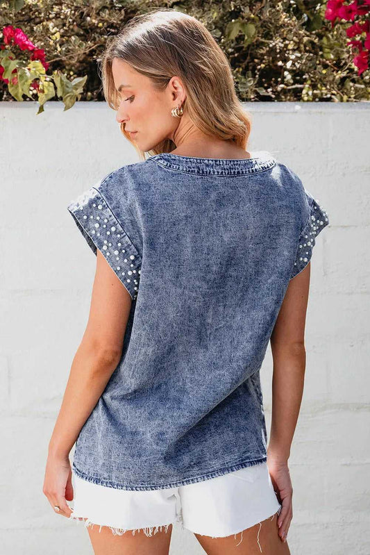 Denim Top - Dusk Blue Acid Wash Pearl Embellishments - Fashionfitz