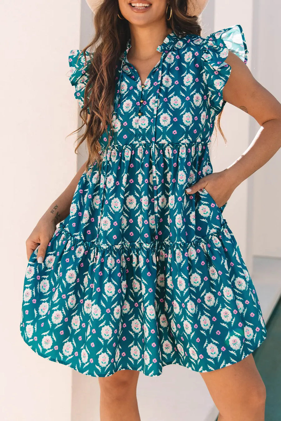 Blue Retro Floral Split Neck Ruffle Short Sleeve Dress Women UK