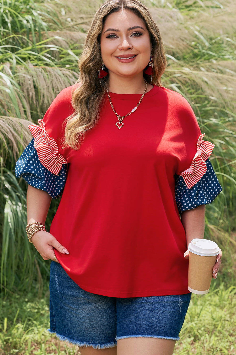 Striped Ruffle Star Bubble Sleeve Patchwork Plus Size Top Women UK