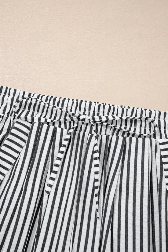 Black Stripe High Waist Wide Leg Drawstring Casual Trousers with Pockets