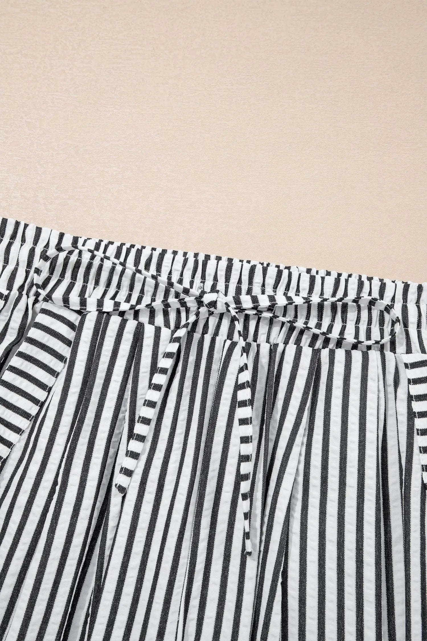 Black Stripe High Waist Wide Leg Drawstring Casual Trousers with Pockets