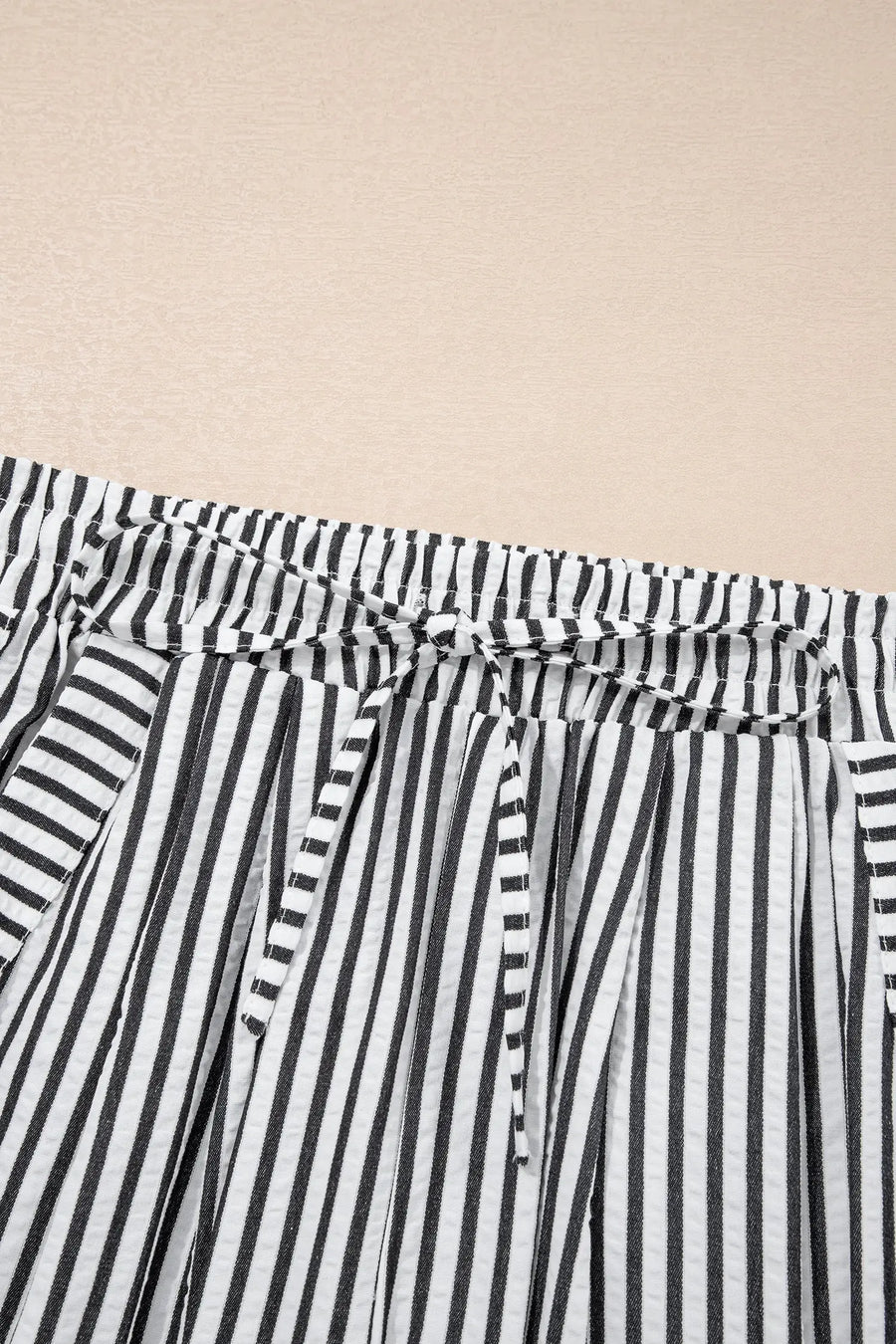 Black Stripe High Waist Wide Leg Drawstring Casual Trousers with Pockets