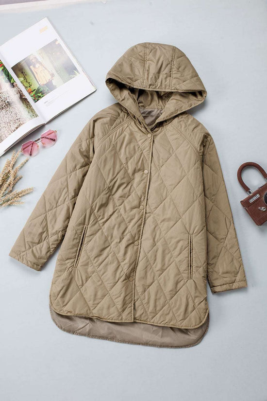 Flat lay of Khaki Quilted Puffer Jacket – Hooded Snap Button Coat with front snap buttons and hood, showcasing lightweight quilted design.