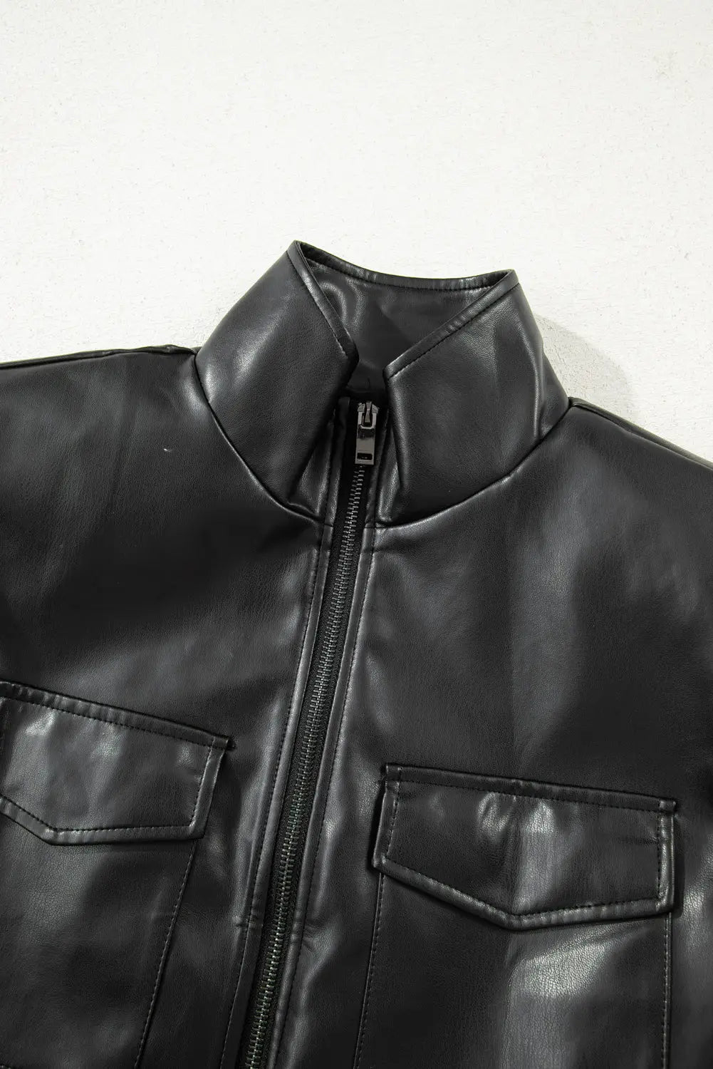 Black double flap pocket faux leather zip up stand neck vest