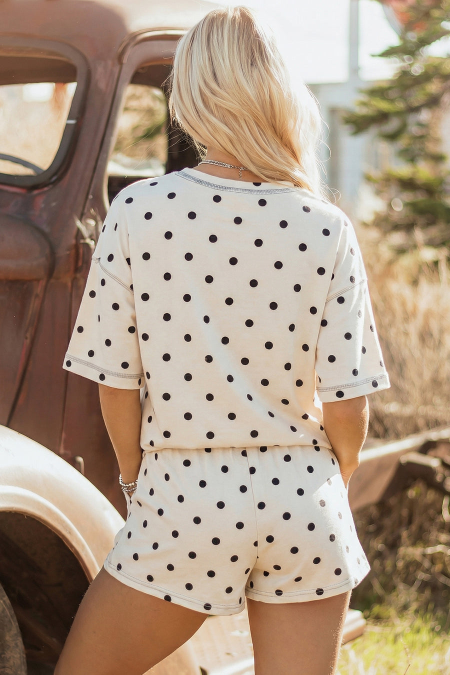Polka Dot Exposed Seam Loose Tee Drawstring Shorts Two-Piece Set