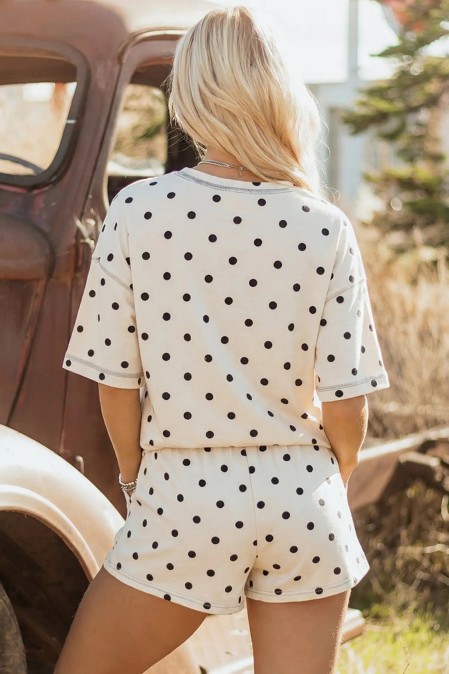 Polka Dot Exposed Seam Loose Tee Drawstring Shorts Two-Piece Set