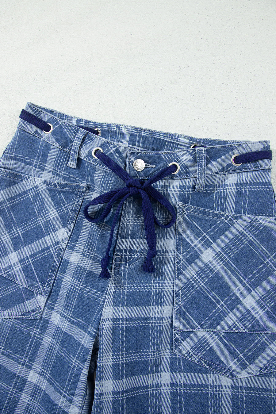 Plaid Denim Grommet Drawstring Waist Ankle-Length Jeans Women UK