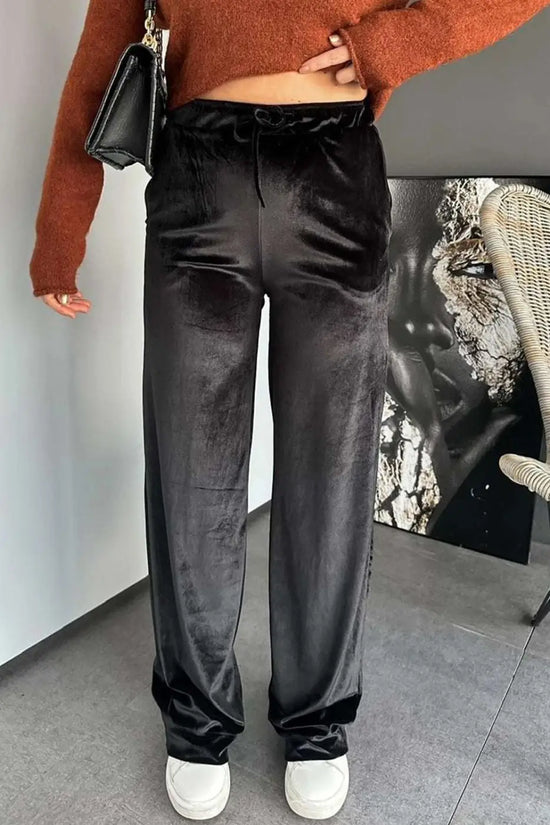 Black velvet straight‑leg drawstring trousers