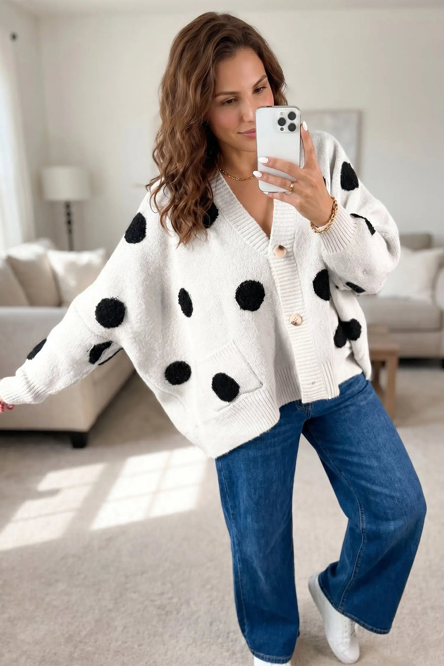 Polka Dot Button Front Oversized V-Neck Cardigan