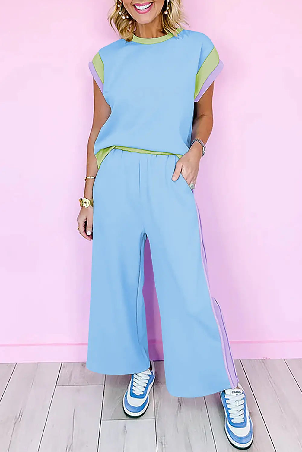 Colour block two piece set cap sleeve wide leg pants women uk