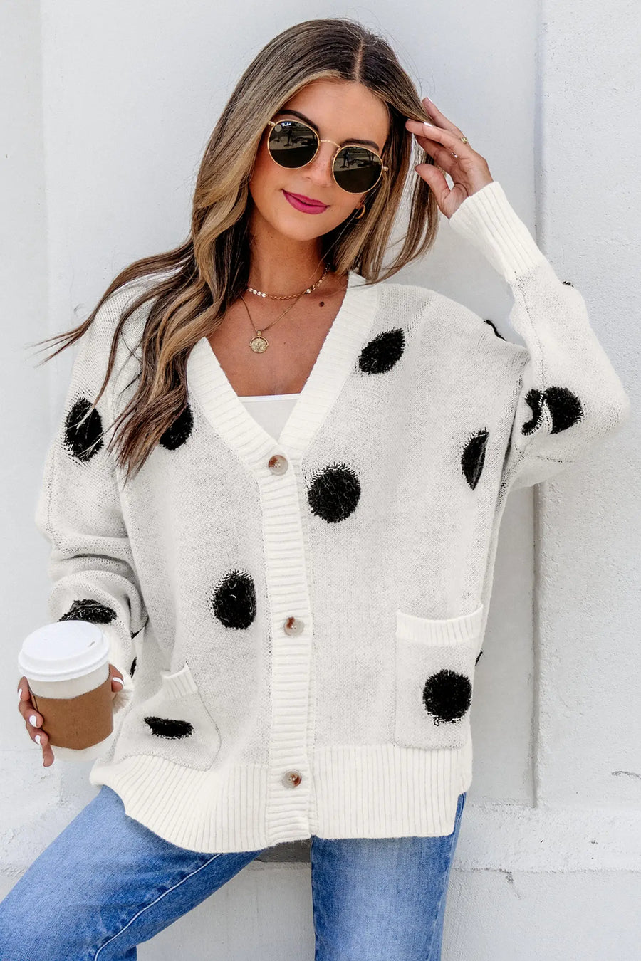 Polka Dot Button Front Oversized V-Neck Cardigan