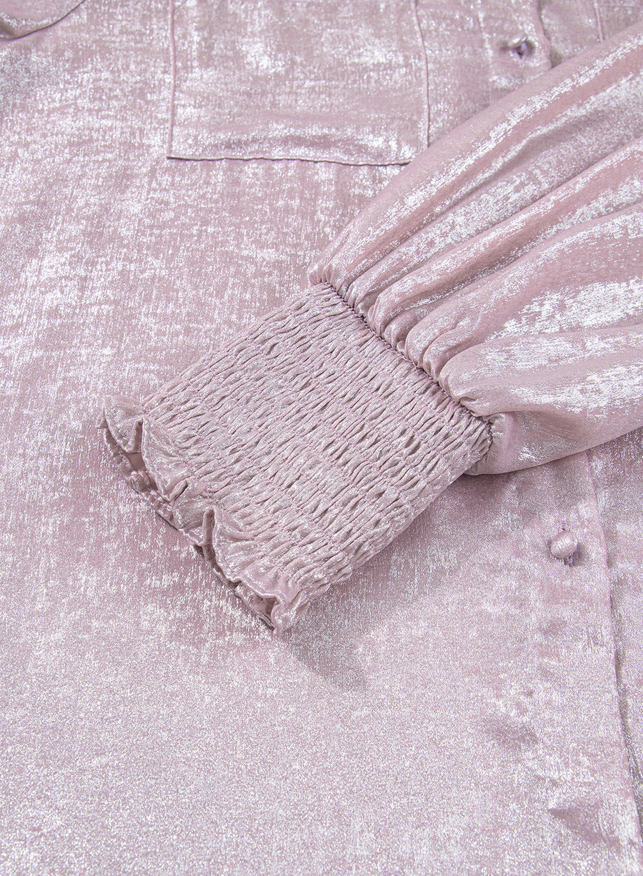 Button Front Ruffle Cuffs Back Paneling Blouse