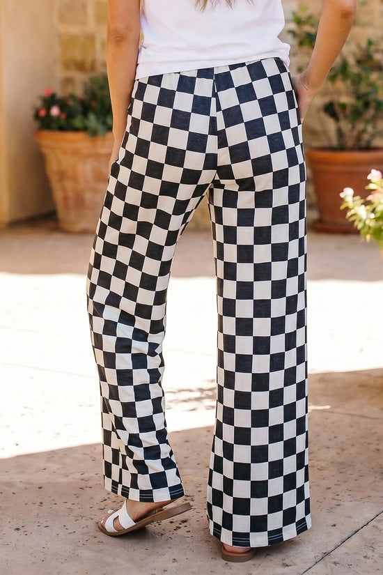 2-tone checked print high waist wide leg trousers with pockets