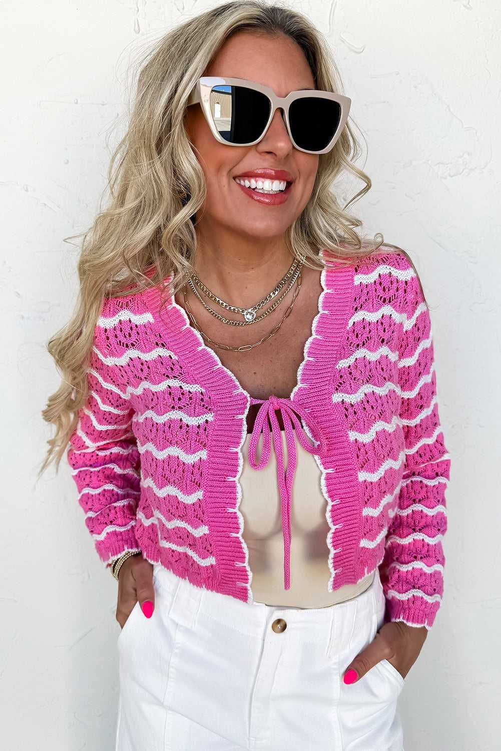Pink Stripe Crochet Cropped Cardigan