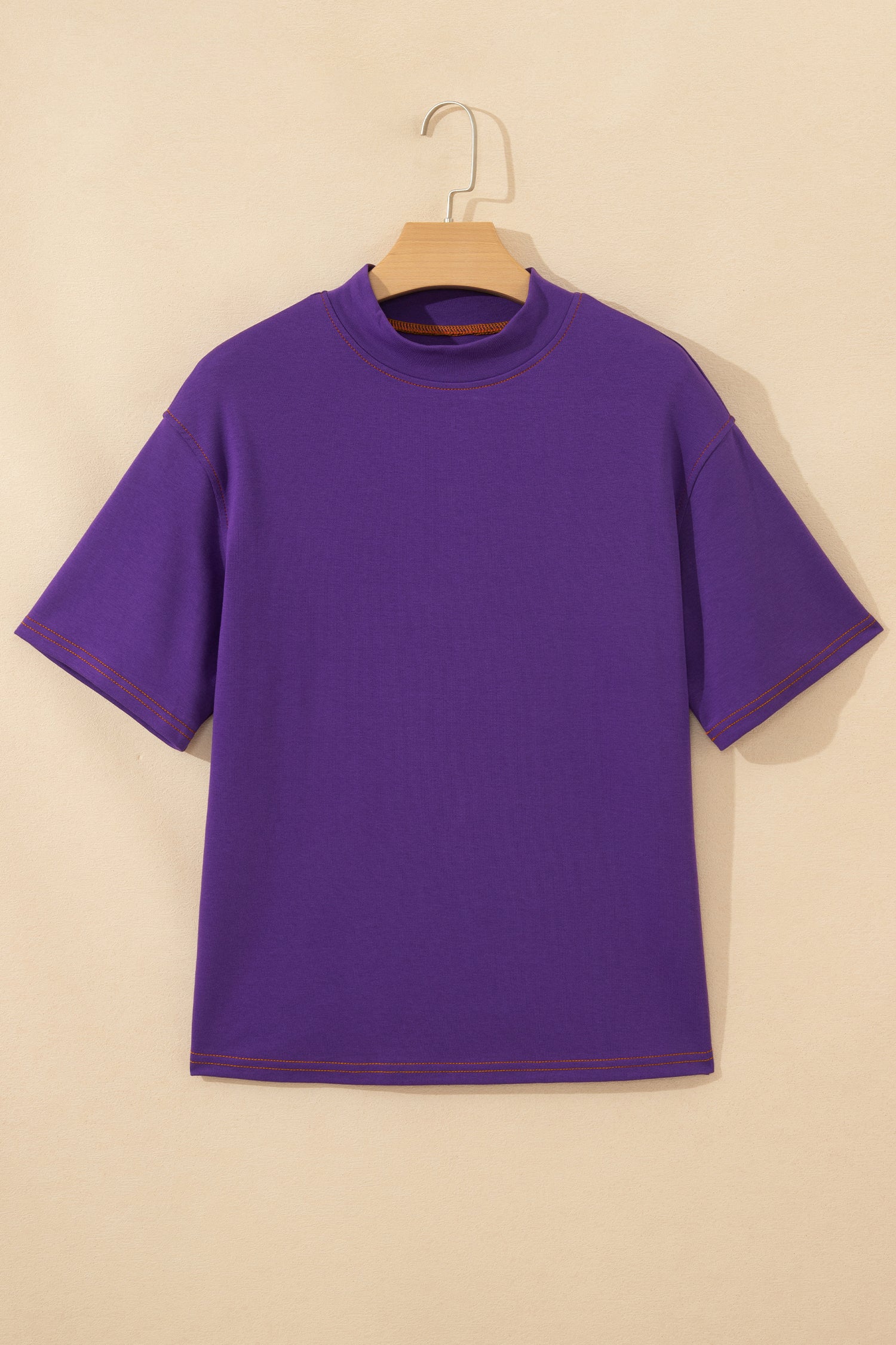 Reversible Contrast Stitch Drop Shoulder High Neck Short Sleeve Tee