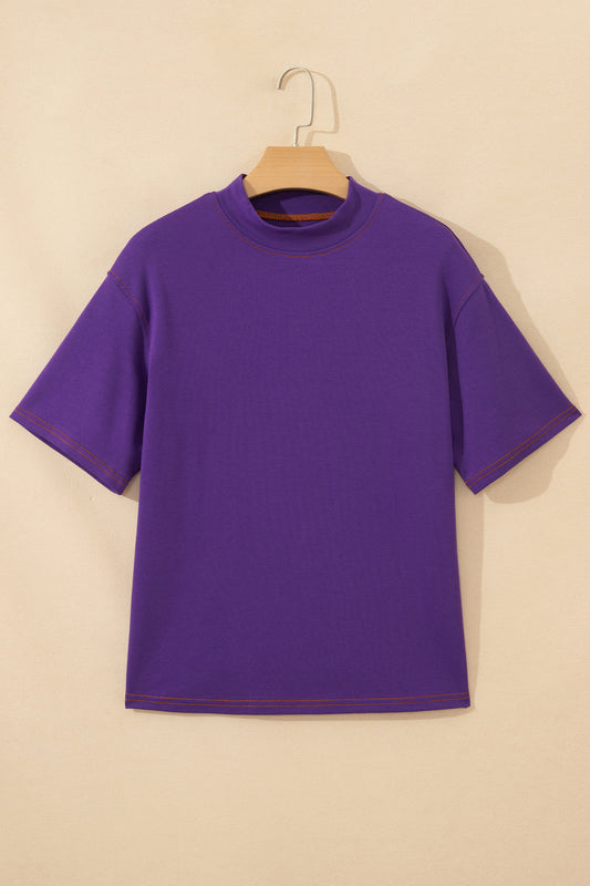 Reversible Contrast Stitch Drop Shoulder High Neck Short Sleeve Tee