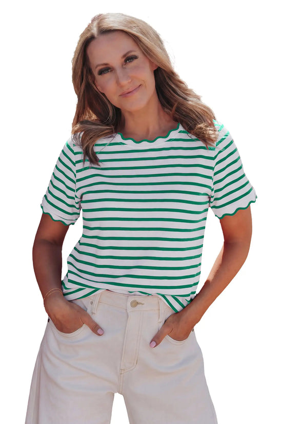 Scalloped trim stripe cotton t-shirt round neck short sleeve t-shirts