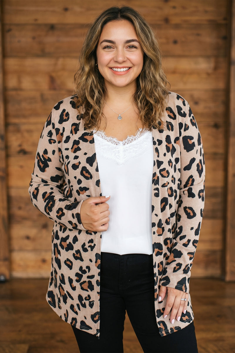 Back view of leopard print tunic length plus size cardigan