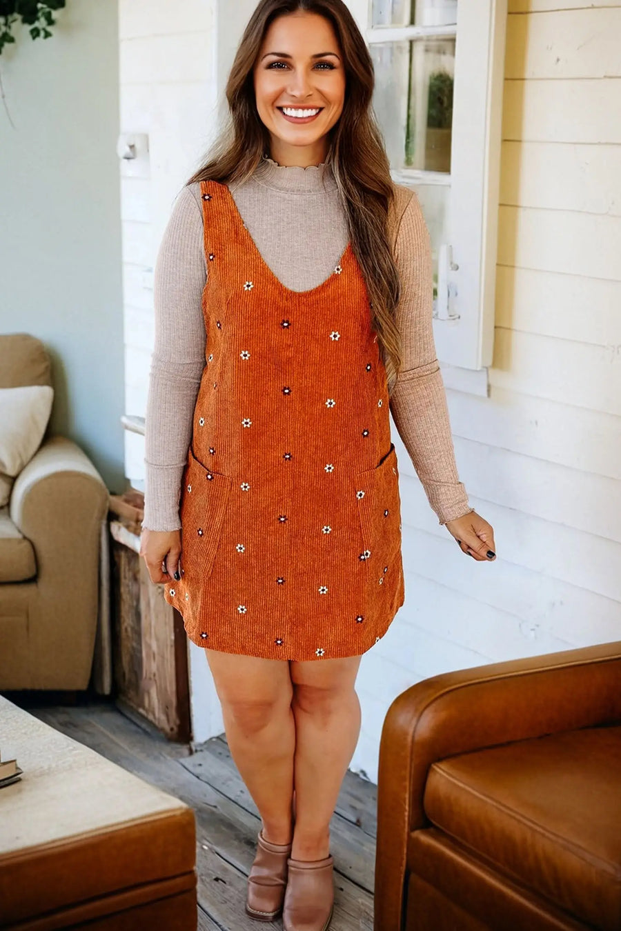 Gold Flame Flower Embroidered Corduroy Overall Mini Dress Women UK — side view