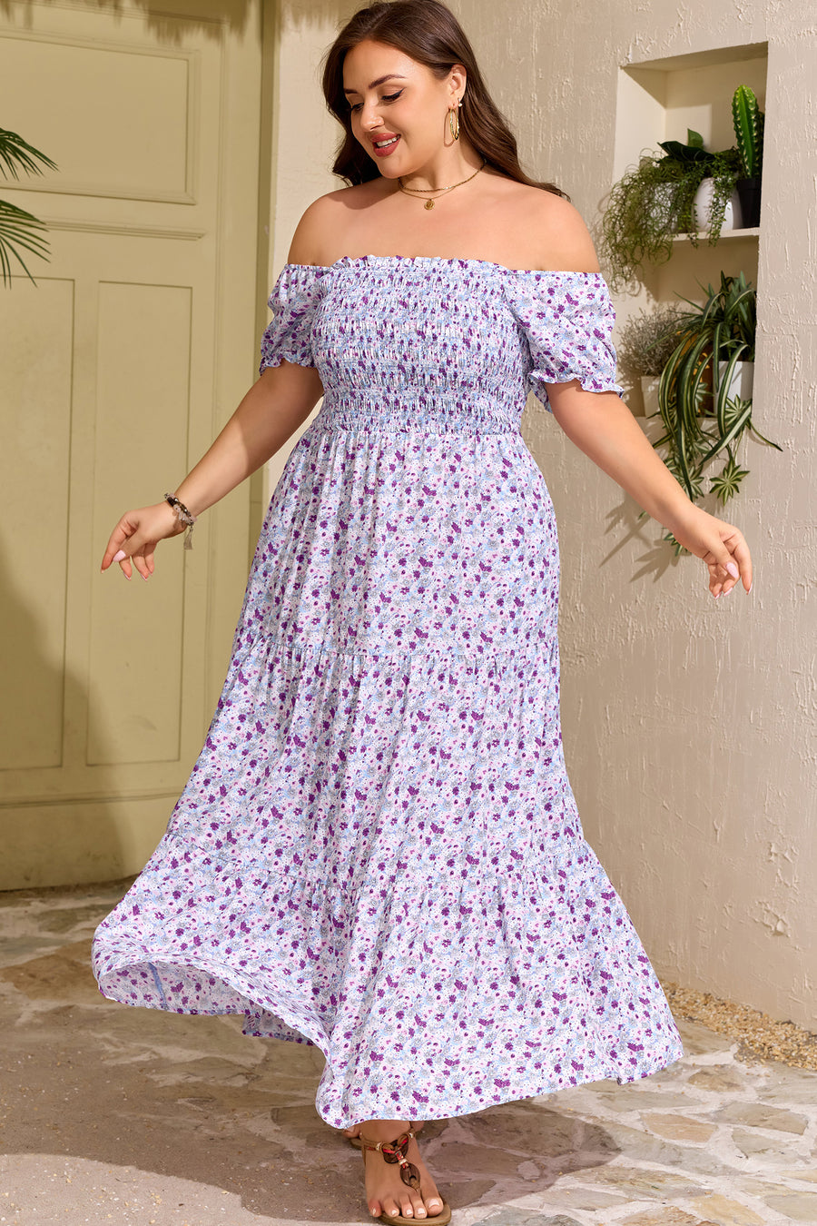Floral Print Square Neck Smocked Plus Size Maxi Dress Women UK