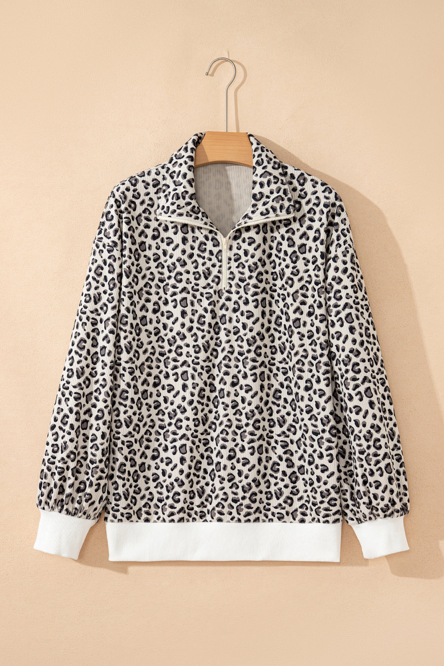 Brown Leopard Print Corduroy Half-Zip Jumper